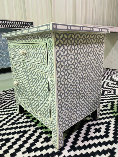 Bone Inlay Bedside Table - Grey Geometric