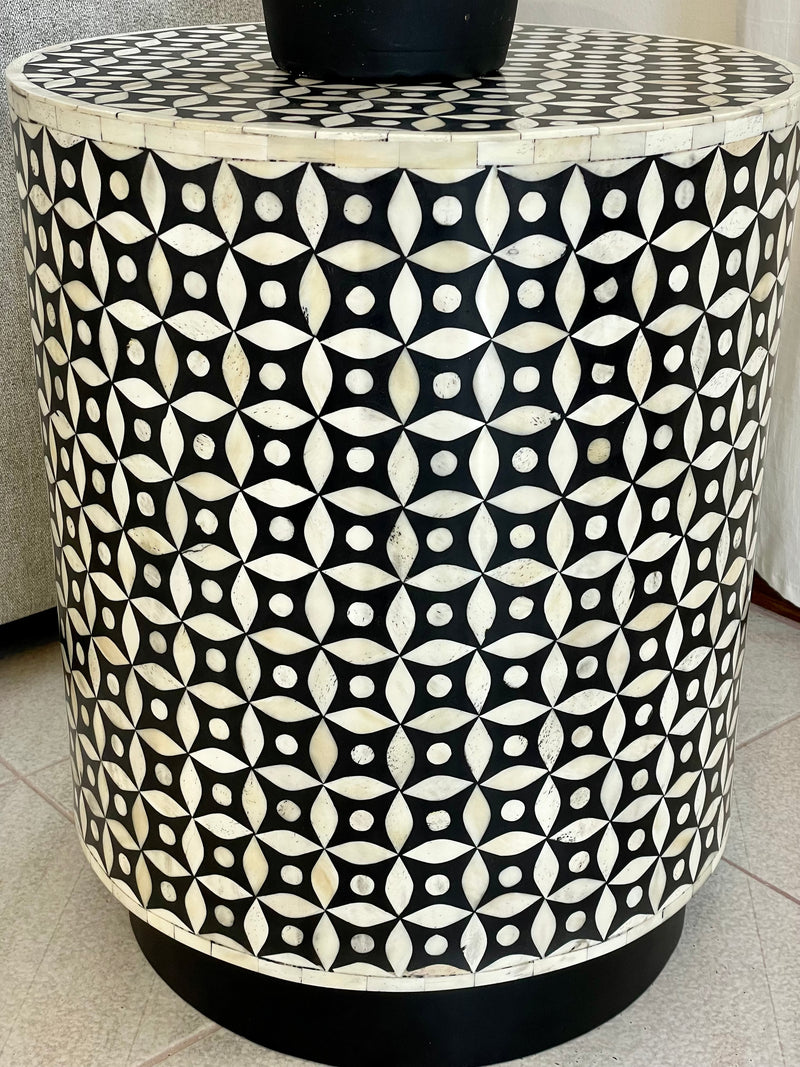 Bone Inlay Drum Side Table