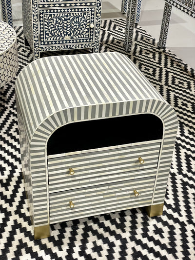 Bone Inlay Bedside Table - Grey Stripe