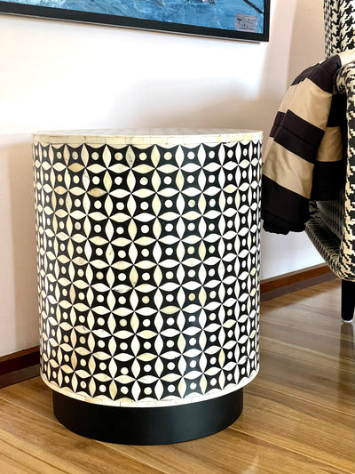 Bone Inlay Drum Side Table