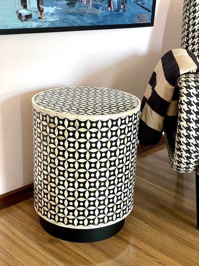 Bone Inlay Drum Side Table