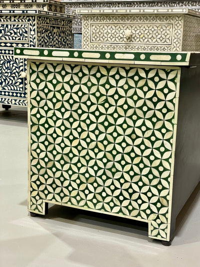 Bone Inlay Storage Ottoman - Geometric Green