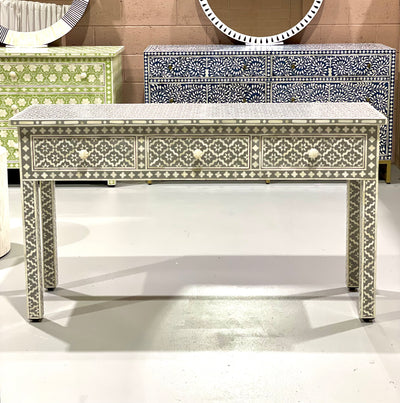 Bone Inlay 3 Drawer Console Table - Grey Wallpaper