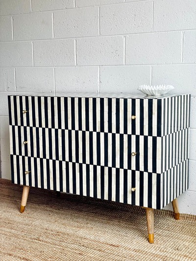 Bone Inlay 3 Drawers Scandinavian Chest - Black Stripe