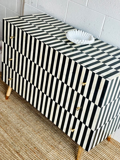 Bone Inlay 3 Drawers Scandinavian Chest - Black Stripe