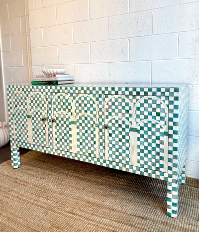 Bone Inlay 3 Doors Sideboard - Dyed Green Checkered