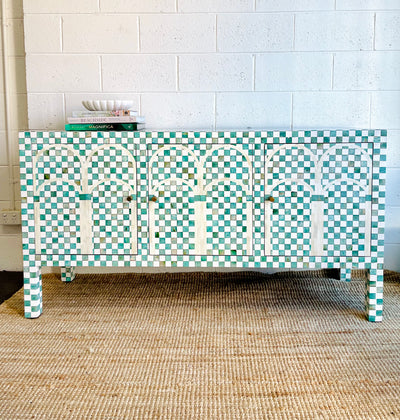 Bone Inlay 3 Doors Sideboard - Dyed Green Checkered