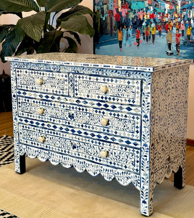 Bone Inlay Chest Of 4 Drawers - Dyed Blue Scallop