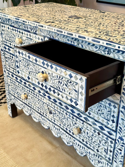 Bone Inlay Chest Of 4 Drawers - Dyed Blue Scallop