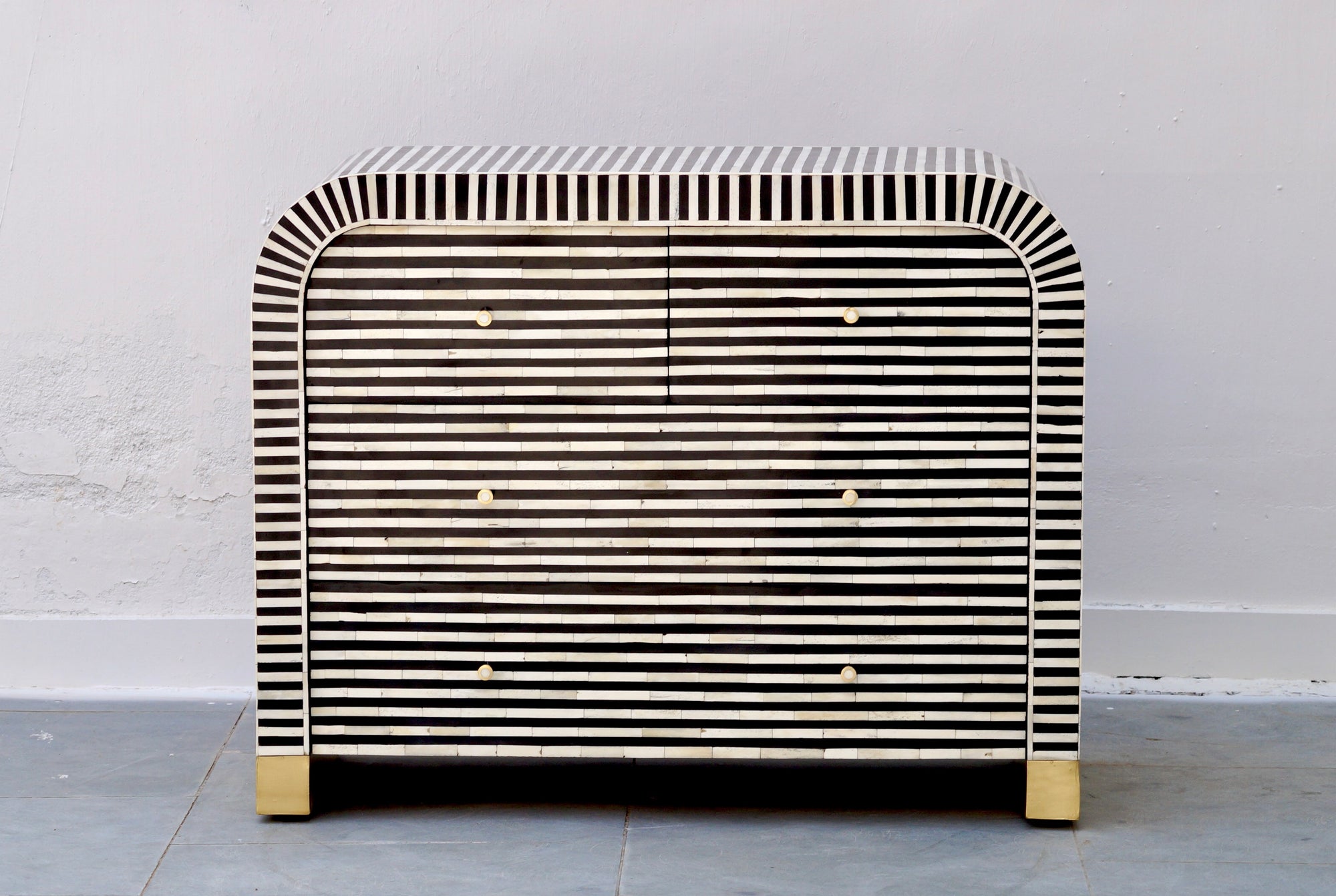 Bone Inlay 4 Drawers Curved Chest - Black Stripe