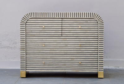 Bone Inlay Curved 4 Drawers Chest - Grey Stripe