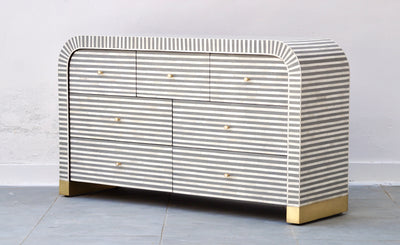 Bone Inlay 7 Drawers Curved Chest - Grey Stripe