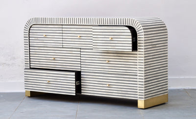 Bone Inlay 7 Drawers Curved Chest - Grey Stripe