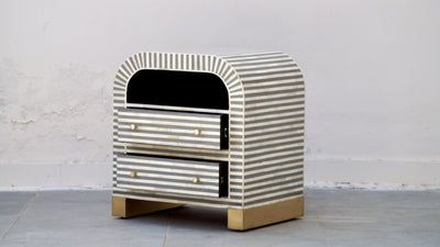 Bone Inlay Bedside Table - Grey Stripe