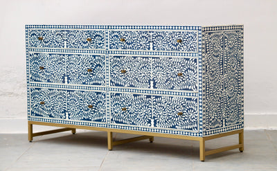 Bone Inlay Chest of 6 Drawers - Navy Scroll Vine