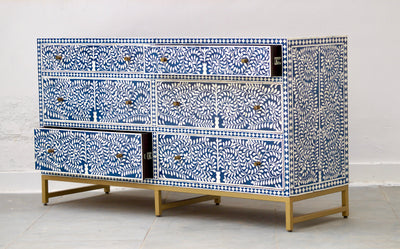 Bone Inlay Chest of 6 Drawers - Navy Scroll Vine