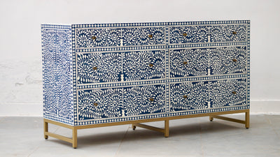 Bone Inlay Chest of 6 Drawers - Navy Scroll Vine