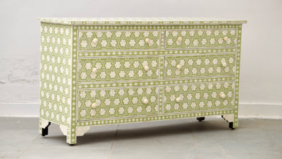 Bone Inlay 6 Chest of Drawers - Sage Green Daisy