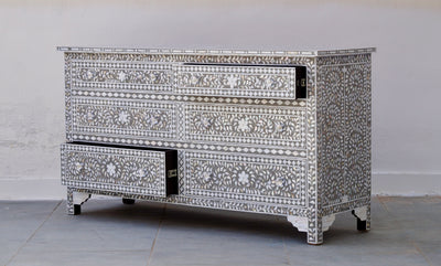 Mother of Pearl Inlay 6 Chest of Drawer - Grey Floral