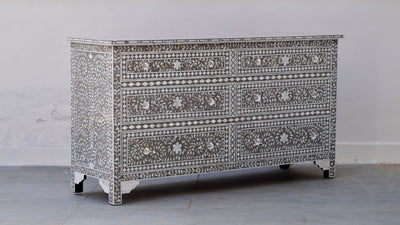 Mother of Pearl Inlay 6 Chest of Drawer - Grey Floral