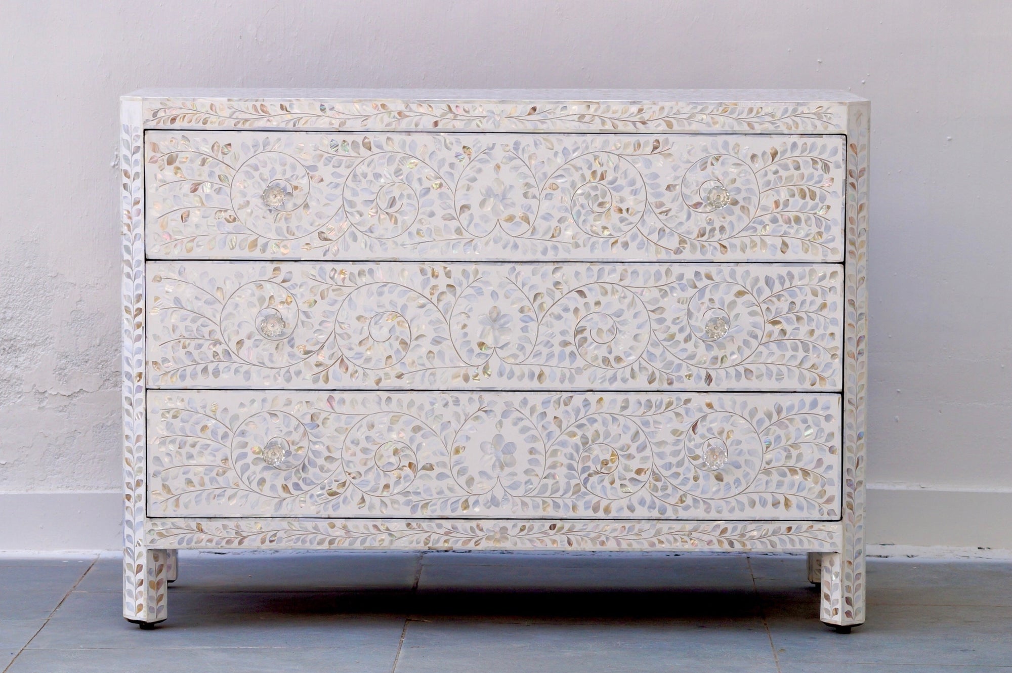 Mother of Pearl Chest of 3 Drawers -  White Floral