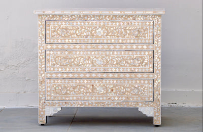 Mother of Pearl Inlay 3 Drawers Chest - Apricot Beige Floral