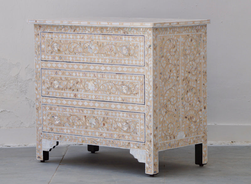 Mother of Pearl Inlay 3 Drawers Chest - Apricot Beige Floral