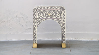 Bone Inlay Bedside Table - Grey Floral