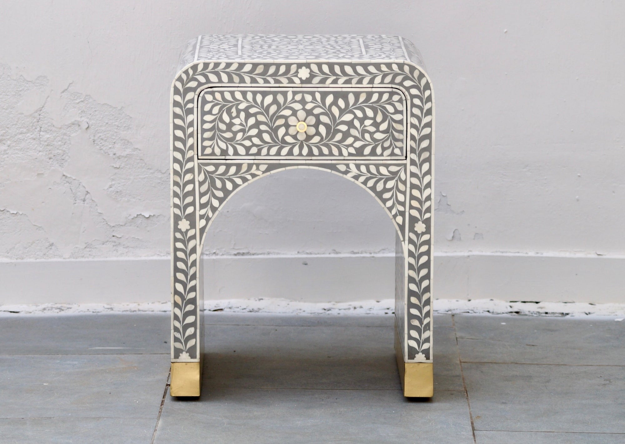 Bone Inlay Bedside Table - Grey Floral