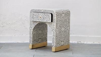 Bone Inlay Bedside Table - Grey Floral