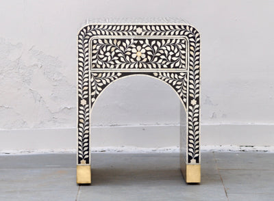 Bone Inlay Bedside Table - Black Floral