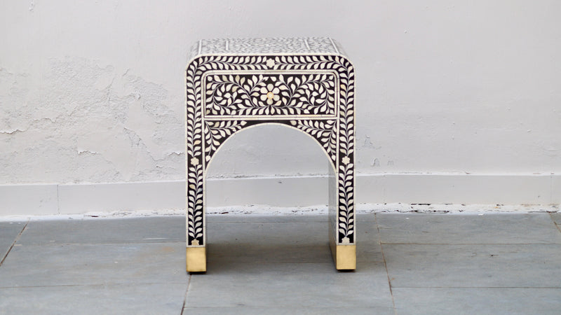 Bone Inlay Bedside Table - Black Floral