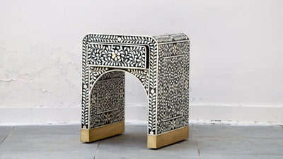 Bone Inlay Bedside Table - Black Floral