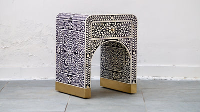 Bone Inlay Bedside Table - Black Floral