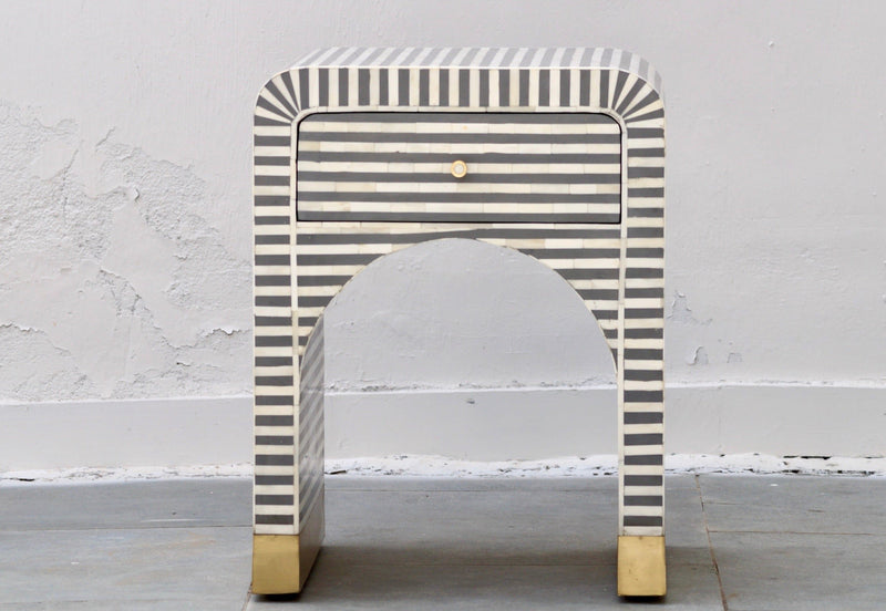 Bone Inlay Bedside Table - Grey Stripe