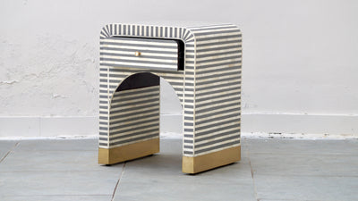 Bone Inlay Bedside Table - Grey Stripe