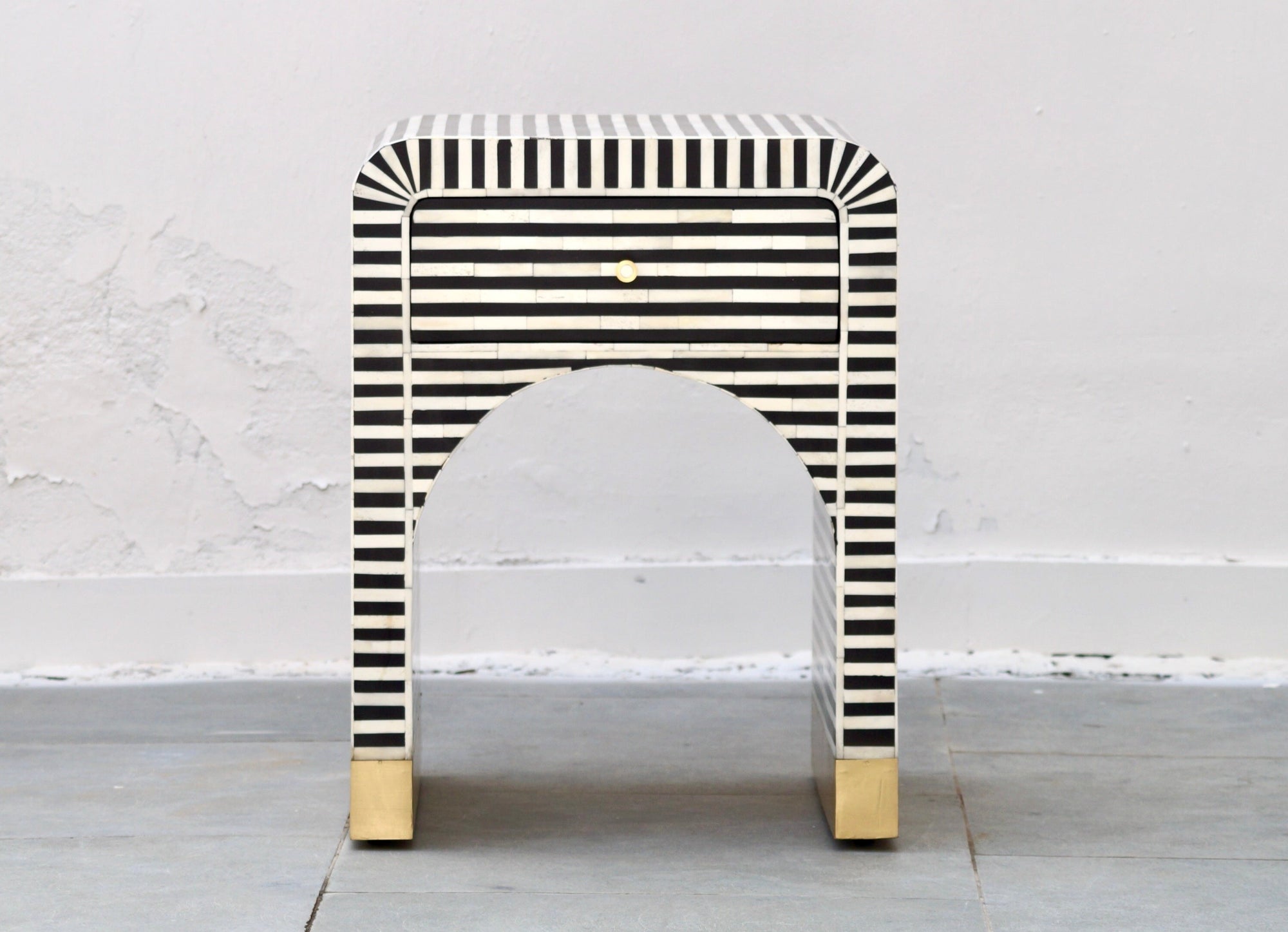 Bone Inlay Bedside Table - Black Stripe