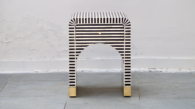 Bone Inlay Bedside Table - Black Stripe