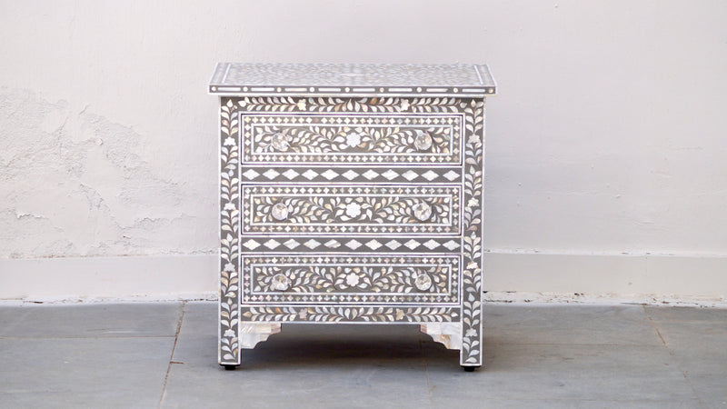 Large Mother Of Pearl Bedside Table - Grey Floral