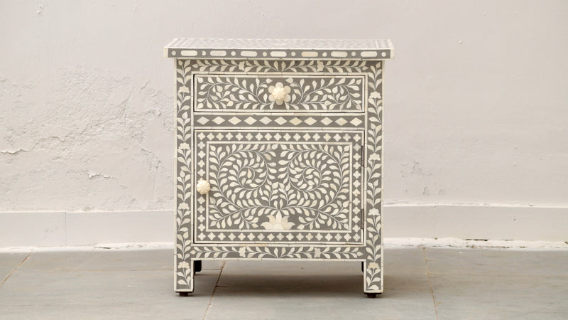 Bone Inlay Bedside Table - Grey Floral