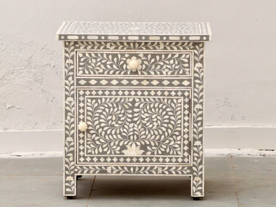 Bone Inlay Bedside Table - Grey Floral