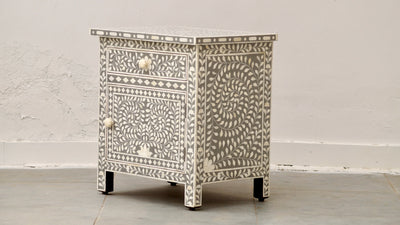 Bone Inlay Bedside Table - Grey Floral