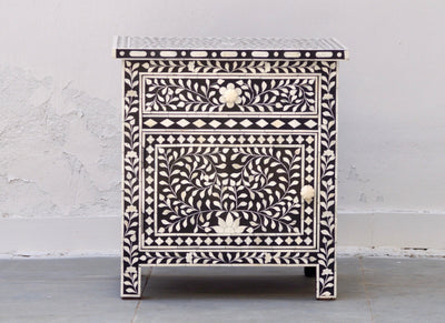 Bone Inlay Bedside Table - Black Floral