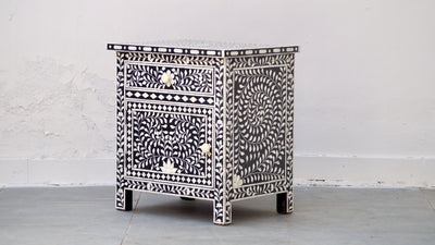 Bone Inlay Bedside Table - Black Floral