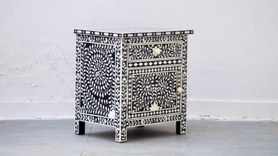 Bone Inlay Bedside Table - Black Floral