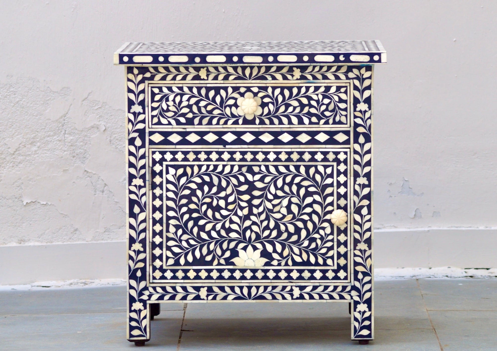 Bone Inlay Bedside Table - Navy Floral