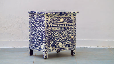 Bone Inlay Bedside Table - Navy Floral