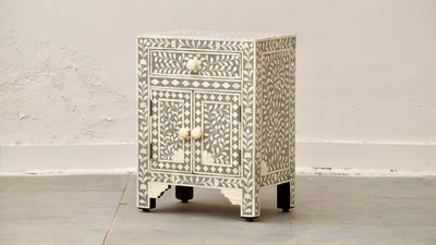 Bone Inlay Bedisde Table - Grey Floral