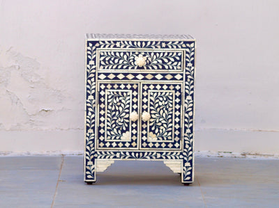 Bone Inlay Bedisde Table - Navy Floral