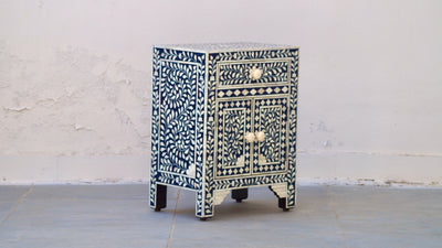 Bone Inlay Bedisde Table - Navy Floral